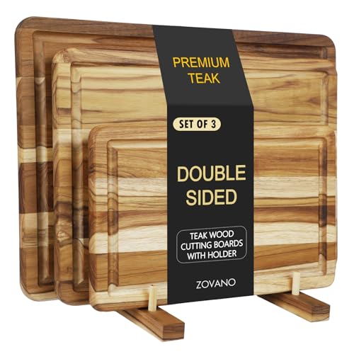 Zovano 3-PieceTeak Wood Cutting Board Set with Stand for Kitchen, Chopping Boards with Deep Juice Groove, Charcuteire Butc...