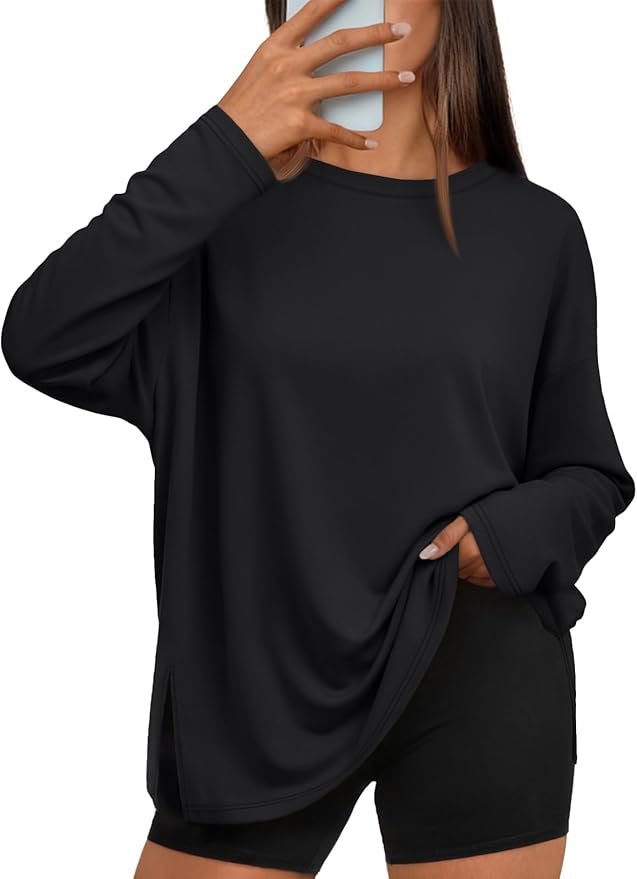 Trendy Queen Oversized Side Slit Tshirts for Women Long Sleeve Workout Tops Fall Fashion Gym Casual Tees Basic Y2K Clothes