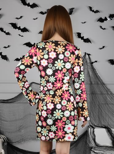 DANAZANA Women's Halloween Floral 60s 70s Hippie Costume Dress Women Groovy Hippy Inspired Bell Sleeves Dresses Retro A Line Mini Dress Vintage Boho Cowgirl Costumes Woodstock Party Black