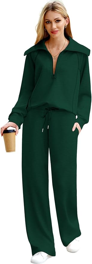 XIEERDUO Lounge Sets For Women 2025 Half Zip Sweatshirt And Wide Leg Sweatpant 2 Piece Outfits Sweatsuit Tracksuit