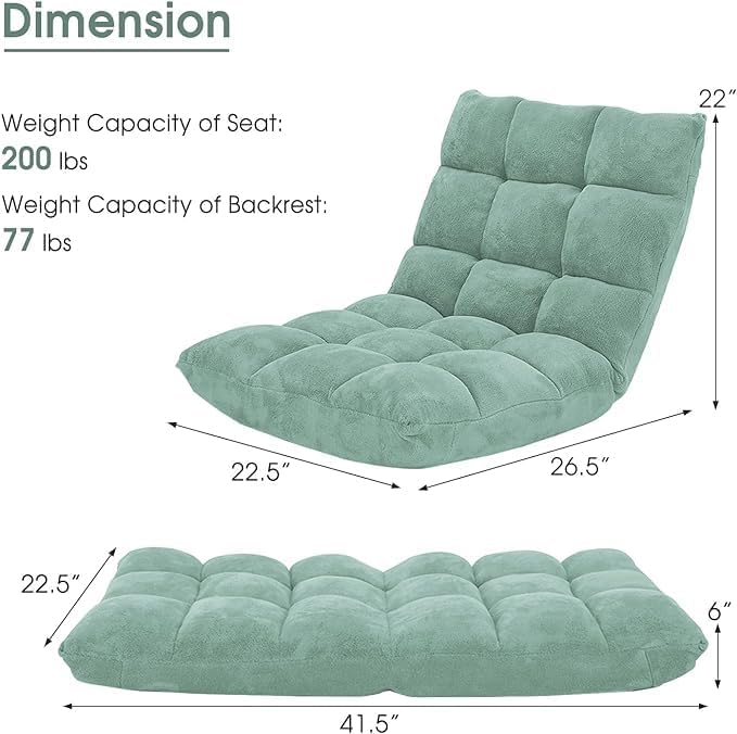 MAT EXPERT 14-Position Floor Chair, Floor Gaming Chair w/Soft Coral Fleece, Alloy Steel Frame, Padded Lazy Couch Recliner, Floor Chair with Back Support for Reading, Meditating (Green)