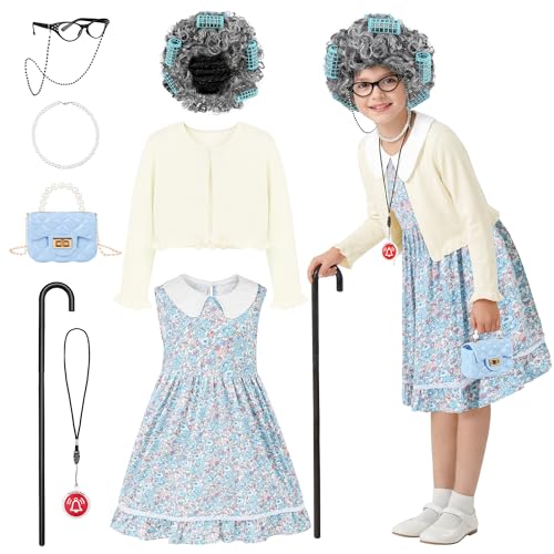 AOTHSO 8 Pcs Girls 100 Days of School Old Lady Dress Cardigan Costume with Wig Glasses Cane for Kids Granny Grandma Cosplay