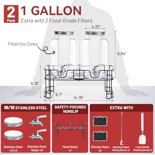 KIKCOIN 2 Pack Glass Drink Dispensers for Parties, 1 Gallon Leakproof Beverage Dispenser with 18/10 Stainless Steel Spigot...