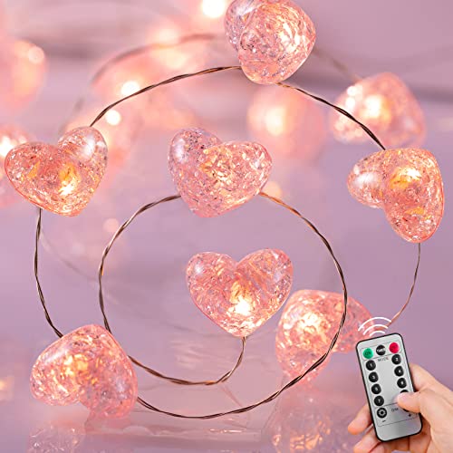 Valentine’s Day Fairy String Lights - 10.5 ft 30 LED Pink Heart Battery Operated Fairy Lights with Timer and Remote, Twink...