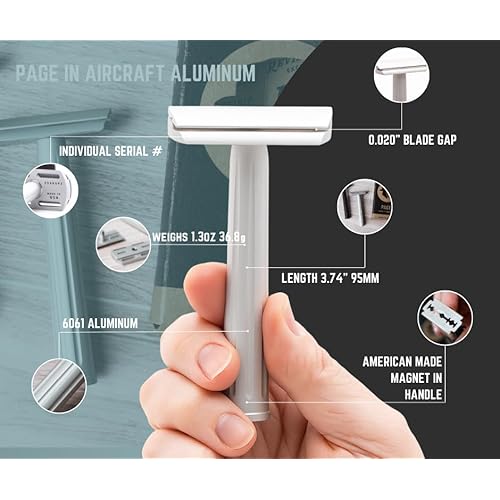 Rex Supply Co. Page Three Piece Double Edge Safety Razor ? Aircraft Aluminum Finish, Ultra-Light CNC-Milled Razor for Men, Durable Smooth Shaver Compatible with All Standard DE Blades