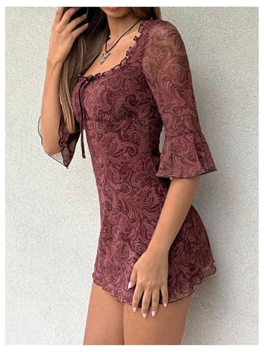 Verdusa Women's Vintage Paisley Bodycon Dresses Boho Western Flounce Sleeve Mini Dress Festival Outfits