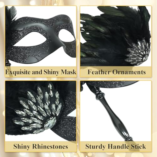 LCKRVOL Masquerade Mask for Women with Stick, Shiny Women's Feather Mardi Gras Venetian Mask for Prom Ball Costume Party