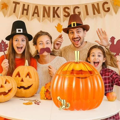 Potchen 1.3 Gallon Pumpkin Plastic Drink Dispenser Thanksgiving Orange Drink Dispenser Fall Harvest Kitchen Decoration Bev...