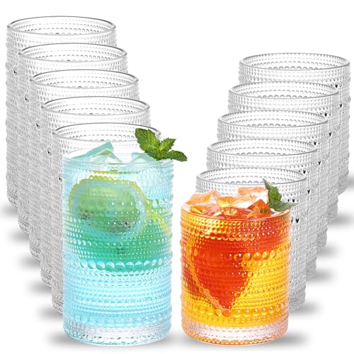 Moretoes Hobnail Drinking Glasses Set of 12, 12 Oz Highball Glasses & 10 Oz Cocktail Glasses, Clear Embossed Boho Glass Cu...