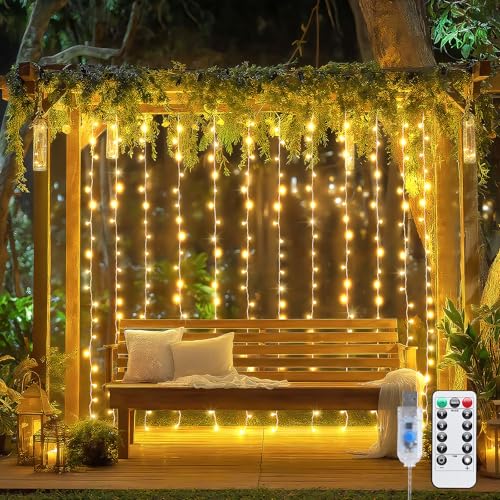 JMEXSUSS 200 LED Christmas Curtain Lights for Bedroom, Warm White Hanging Curtain String Lights Indoor, USB Plug in Christ...
