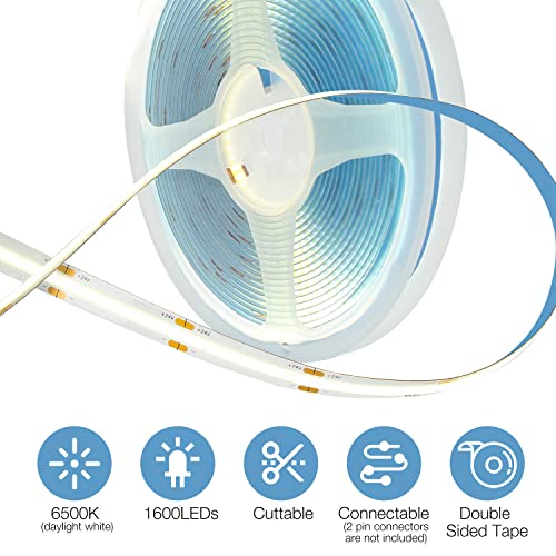 DAYBETTER COB LED Strip, 16.4 ft White LED Strip Lights, Dimmable LED Light Strip 6500K Bright Daylight White, 24V, 1600LE...