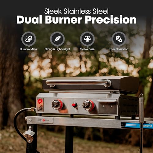 GasOne Flat Top Gas Grill with Lid – Auto Ignition Propane – Premium Stainless Steel Body Tabletop with Pre Season Griddle...