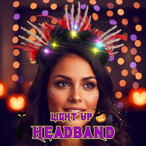 TWINKLEDE Light Up Halloween Headband Black Rose Hair Accessories Feather Skeleton Hand Halo Crown for Women