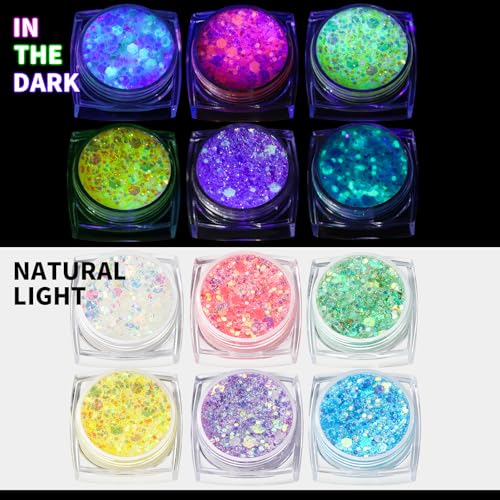 Teenitor 6 Colors Glow in The Dark Glitter Gel, Face Glitter Gel, Body Glitter Hair Glitter for Carnival Makeup UV Black L...