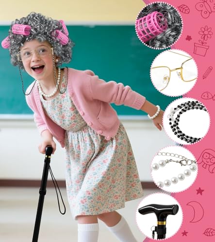EVAFESNS 100 Days of School Old Lady Grandma Costume Accessories Set with Wig, Glasses, Cane & Faux Pearl Set