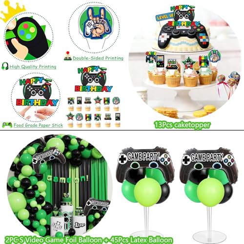 64 Pieces Video Game On Theme Party Supplies Sett: Decorations with Happy Birthday Gaming Backdrop, Game Table Covers, Cak...