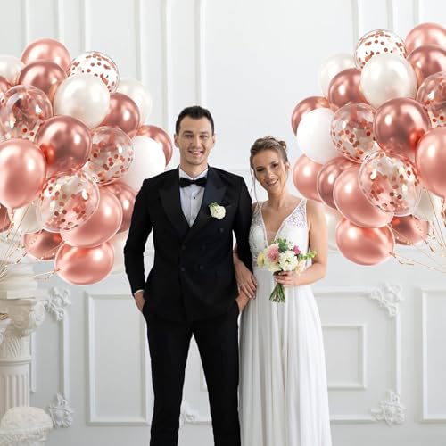 60pcs Rose Gold Balloons 12inch with Pearl White Rose Gold Confetti Balloons for Engagement Bridal Shower Wedding Birthday...