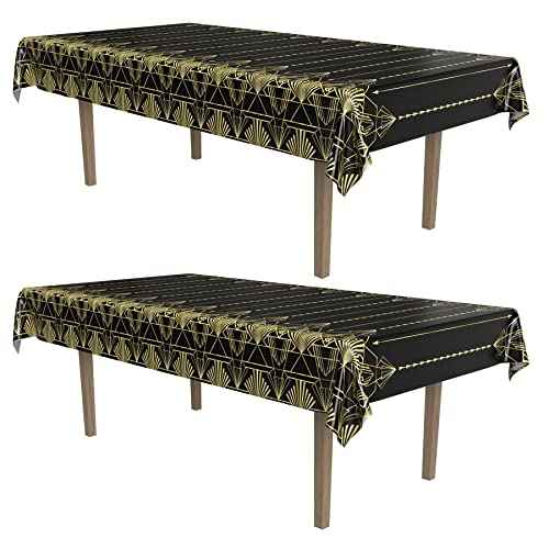 Beistle 2-Count Great 1920s Tablecover, Art Deco Decor & Table Decorations for Party, Hollywood Decor, Plastic Black & Gold Plastic Cover, 54" x 108"