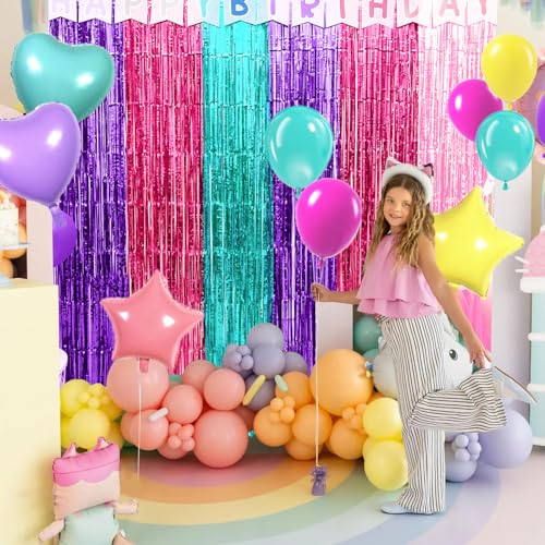 Cute Dollhouse Birthday Decorations, 4 Pack Dollhouse Party Photo Booth Prop, Purple Pink Teal Fringe Curtains Tinsel Phot...