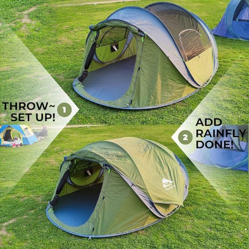 4 Person Easy Pop Up Tent, Automatic Setup, Waterproof, 2 Doors-Instant Family Tents for Camping, Hiking & Traveling, 9.5’...