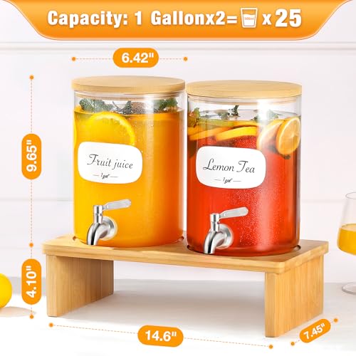 2 PCS 1 Gallon Glass Drink Dispenser for Parties. 2 Glass Beverage Dispenser with Bamboo Stand,18/8 Stainless Steel Spigot...
