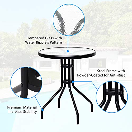 Tangkula 3 Pieces Patio Bistro Set, Outdoor Folding Chairs & Table Set with Tempered Glass Tabletop, Round Table & 2 Folda...