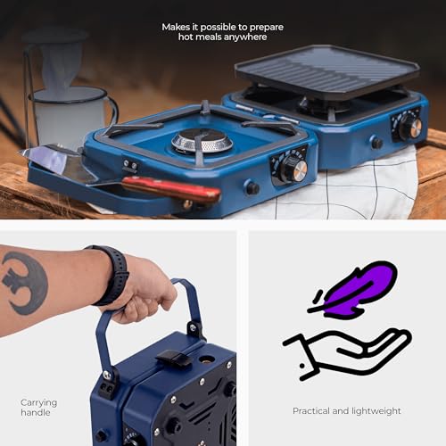 2-Burner Foldable Cetro Camping Stove CFBM PF-1921 with Griddle Portable Propane Camp Stove with 2 Adjustable Burners Piez...