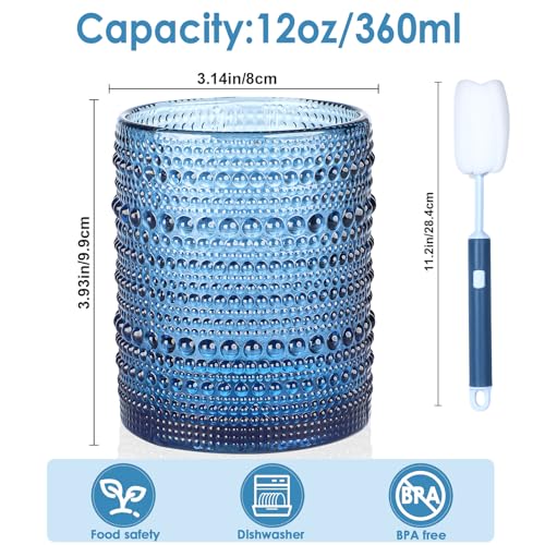 KMIGRUAN Hobnail Drinking Glasses Set of 6,12oz Blue Vintage Glassware,Cocktail Glasses,Embossed Glass Cups,Water Tumbler ...
