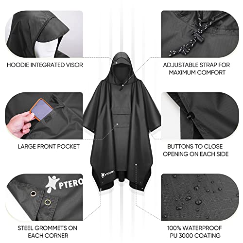 PTEROMY Hooded Rain Poncho for Adult with Pocket, Waterproof Lightweight Unisex Raincoat for Hiking Camping Emergency