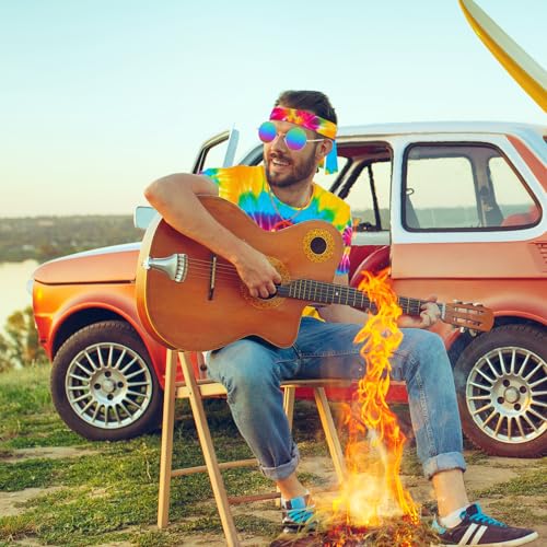 kooirsp Hippie Costume for Men Women 4PCS Mens 60s 70s Outfit Set Colorful Hippie Shirt Sunglasses Headband Peace Necklace