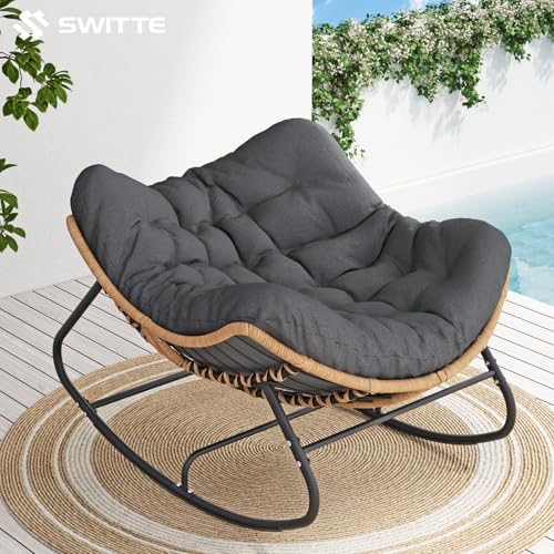 SWITTE Outdoor Rocking Chair, Oversized Patio Papasan Rocker, Comfy Wicker Reading Lounge, Indoor Egg Chair for Bedroom, L...
