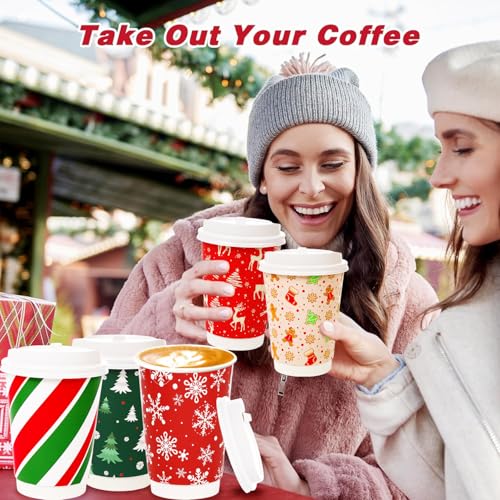 FULJOOY 100 Sets Snowflake Gingerbread Man Christmas Tree Candy Disposable Coffee Cups with Dome Straws Sleeves 12 oz Pape...