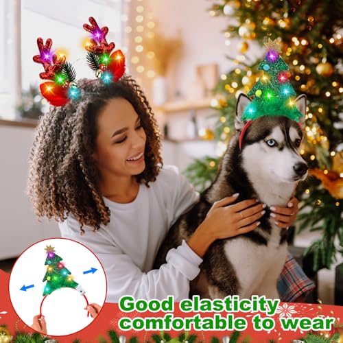 Zeyune 16 Pcs Christmas LED Headbands Xmas Tree Costume Headwear Reindeer Elf Hats Headband Light up for Party