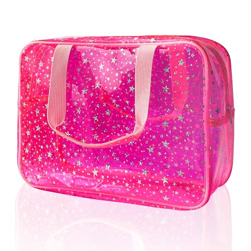 TotePrint Hot Pink Star Large Cosmetic Bag 12x5x8 inch Travel Pouch with Handle,Durable PVC Material,Zipper Design-Ideal f...