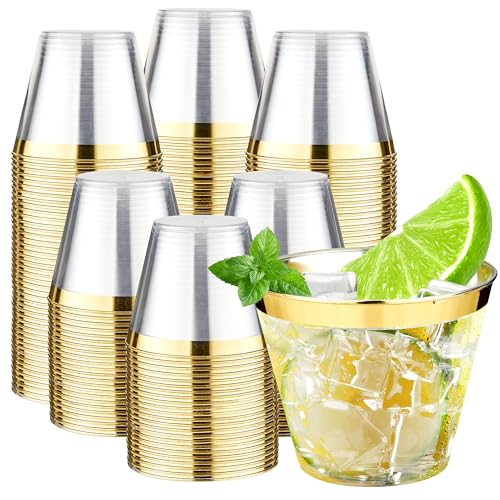 RACETOP 9 oz 200 Pack Plastic Cups with Gold Rim, Disposable Gold Rim Clear Plastic Cups for Parties, Gatherings, Wedding...