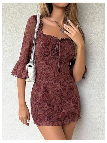 Verdusa Women's Vintage Paisley Bodycon Dresses Boho Western Flounce Sleeve Mini Dress Festival Outfits