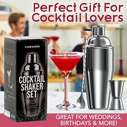 Cresimo 24oz Cocktail Shaker Set with Bar Accessories for Home Bar - Martini Shaker with Jigger and Drink Mixer Spoon - Al...