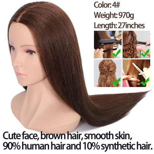 27" Female Mannequin Head with Shoulder 90% Human Hair and 10% Synthetic Hair Practice Hair Braiding Training Head Hair Styling Cosmetology Manikin Head Doll Head for Hairdresser (Brown Color)
