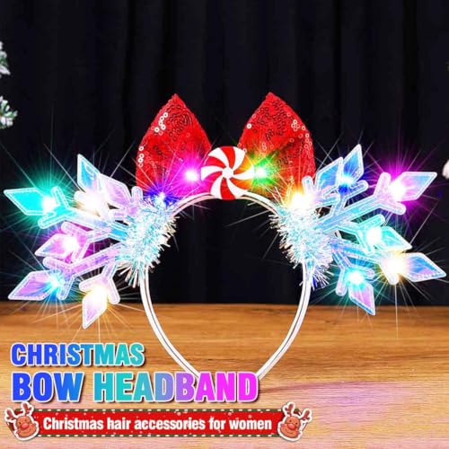 BARTOSI Light Up Christmas Snowflake Headband Xmas Bow Headbands Holiday Hair Accessories for Women and Girls