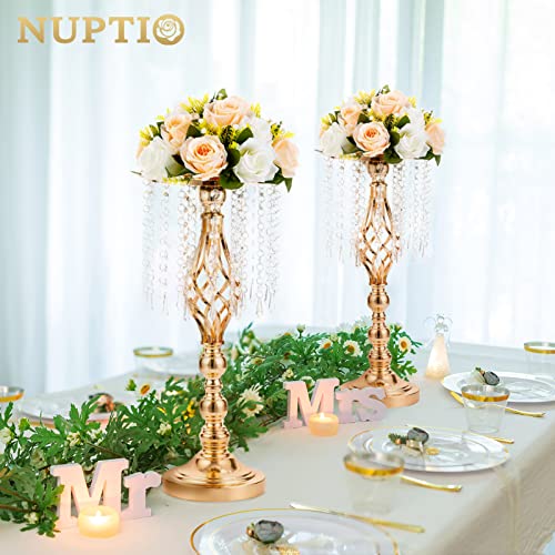 2 Pcs 19.3 inches Gold Centerpieces Table Tall Crystal Flowers Stand Wedding Road Lead Flower Holders Crystal Chandelier M...