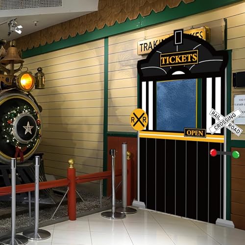 Train Ticket Hall Door Banner for Train Birthday Party Decoration Express Trains Station Hanging Banner Railroad Track Doo...