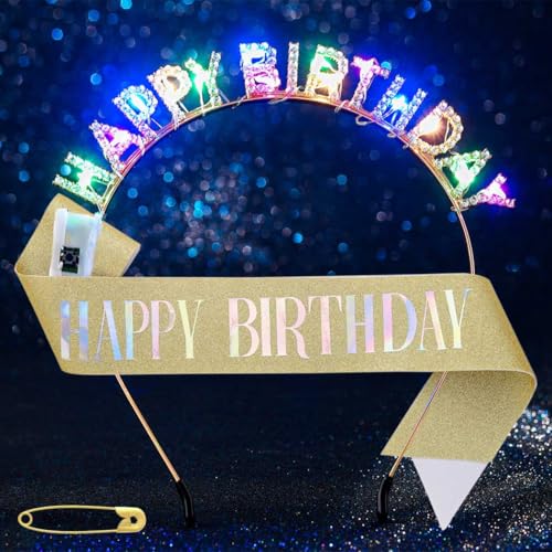 Uranian Light Up Birthday Headbands and Sash Led Rhinestone Crowns Birthday Hairbands Party Favor Hair Accessories for Women