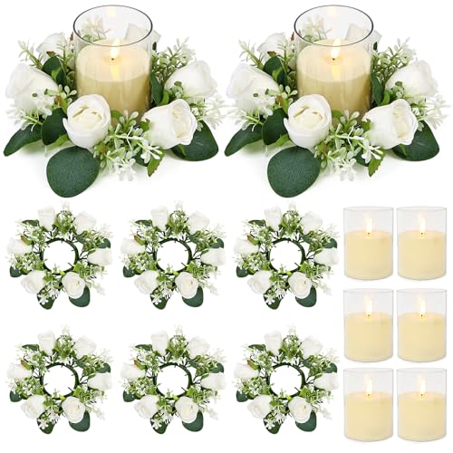 Acmee Pink Rose Candle Rings with Flameless Candles Sets - 12PCS Artificial Flower Eucalyptus Wedding Centerpiece 3 Inch P...