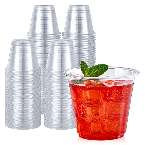 Turbo Bee 100 Pack 9oz Clear Plastic Cups,Disposable Crystal Drinking Cups,PET Plastic Party Cups for Wine,Juice,Iced Coff...