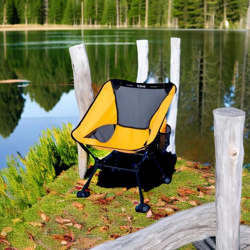 iClimb Ultralight Compact Camping Folding Beach Chair with Anti-Sinking Large Feet and Back Support Webbing (Yellow - Squa...