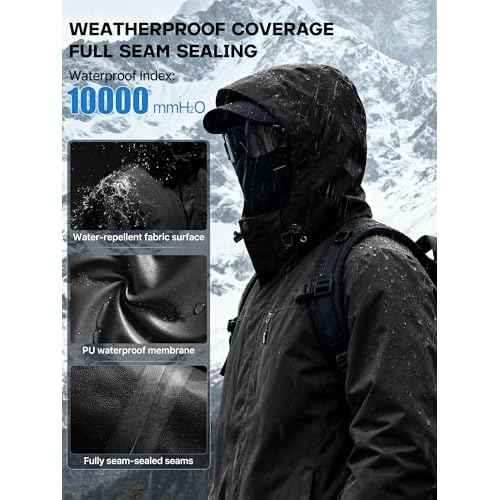 FREE SOLDIER Men's Waterproof Ski Snow Jacket Fleece Lined Warm Winter Rain Jacket with Hood Fully Taped Seams