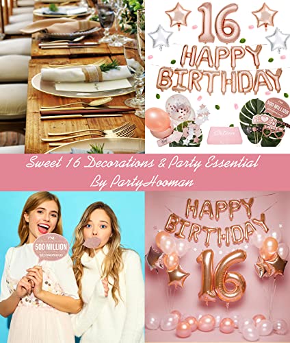 PartyHooman Sweet 16 Birthday Decorations Rose Gold With Sweet 16 Sash and Tiara Set, 2Pcs Backdrop, 25Pcs Pre-assembled P...