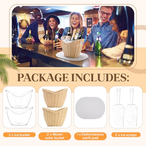 LemonRoad 2 Pcs Ice Bucket Woven Design with Scoops Diatomaceous Earth Pad 4l Champagne Wine Bucket Drink Bins for Parties...