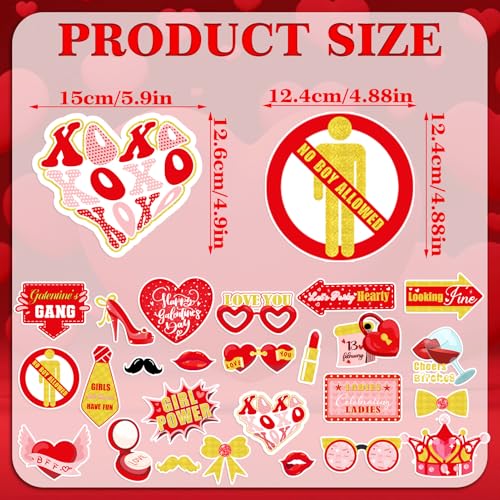 Happy Galentines Day Photo Booth Props Kit, 24 PCS Selfie Photo Booth Accessories with “Happy Valentine’s Day” Signs, Cute...