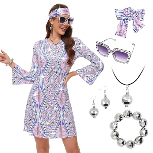 MRYUWB 70s Women Disco Dress Hippie Costumes Necklace Earrings Glasses, 60's 70's Birthday Outfits, 1970s Prom Bling Dress